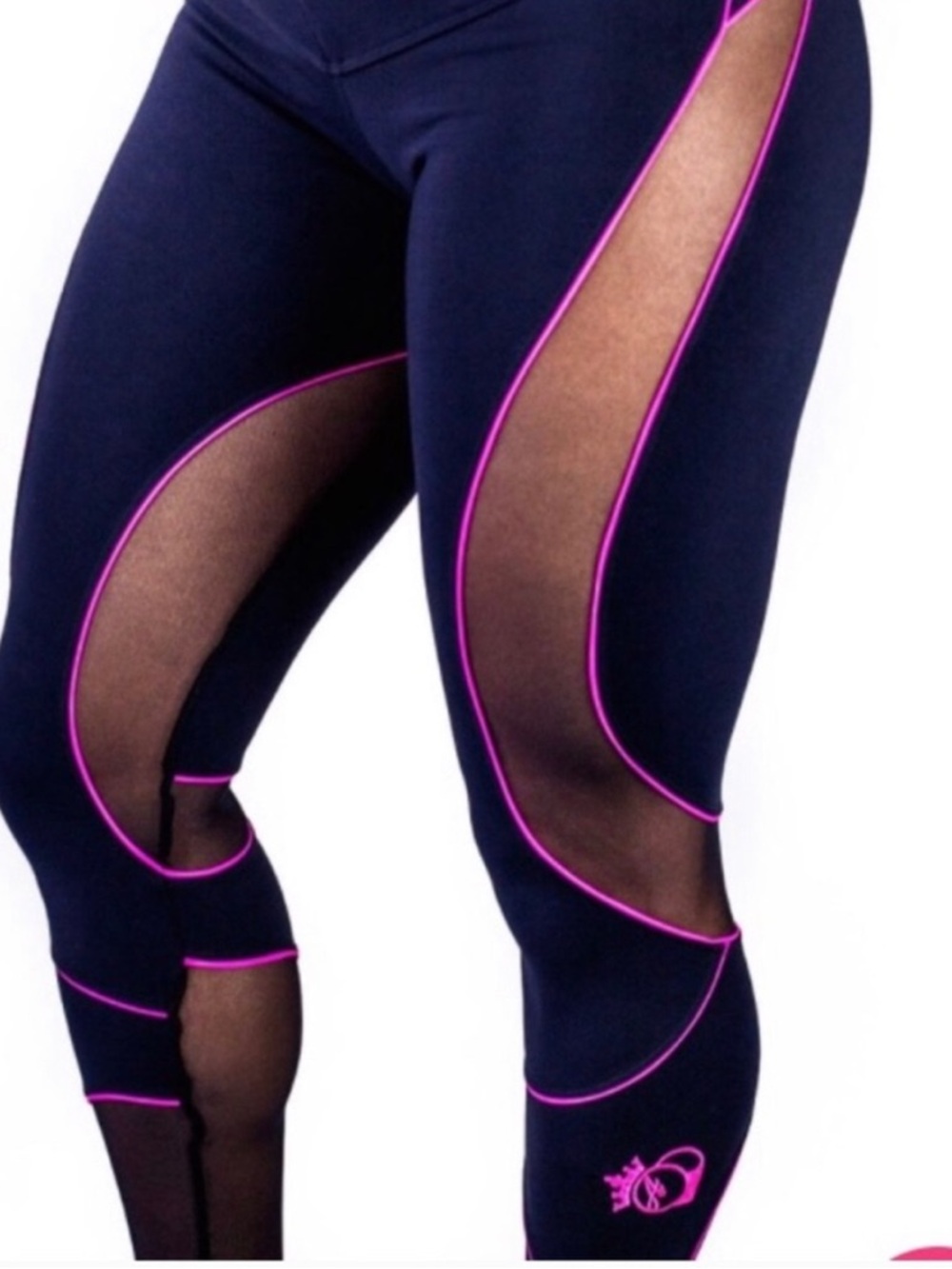 High-Waist Navy Mesh Panel Leggings with Pink Trim - Picture 3 of 11